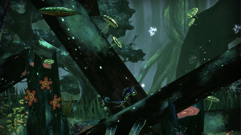 A lizard-like creature, Zappy, runs through a bioluminescent marshland in search of the essence of the forest.