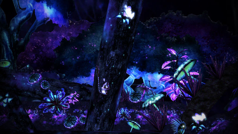 Bitey jumps through trees in the bioluminescent forest collecting essence, the dying light of the forest.