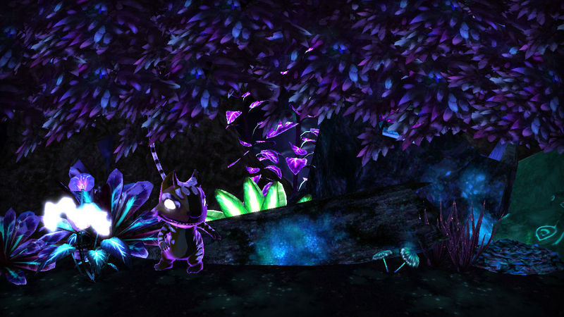 A small, cat-lie creature, Bitey, is seen in a bioluminescent forest, scouting his surroundings while an eerie, irradescent flower casts light on him.